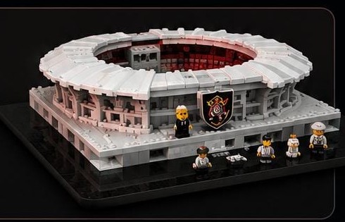 Estádio em blocos com miniaturas de jogadores